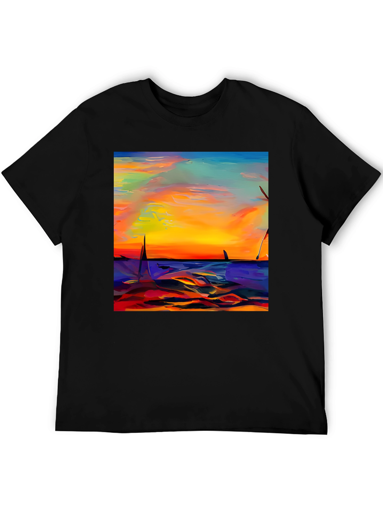 Sunset Sailboat Graphic Tee - Vibrant Artistic Design