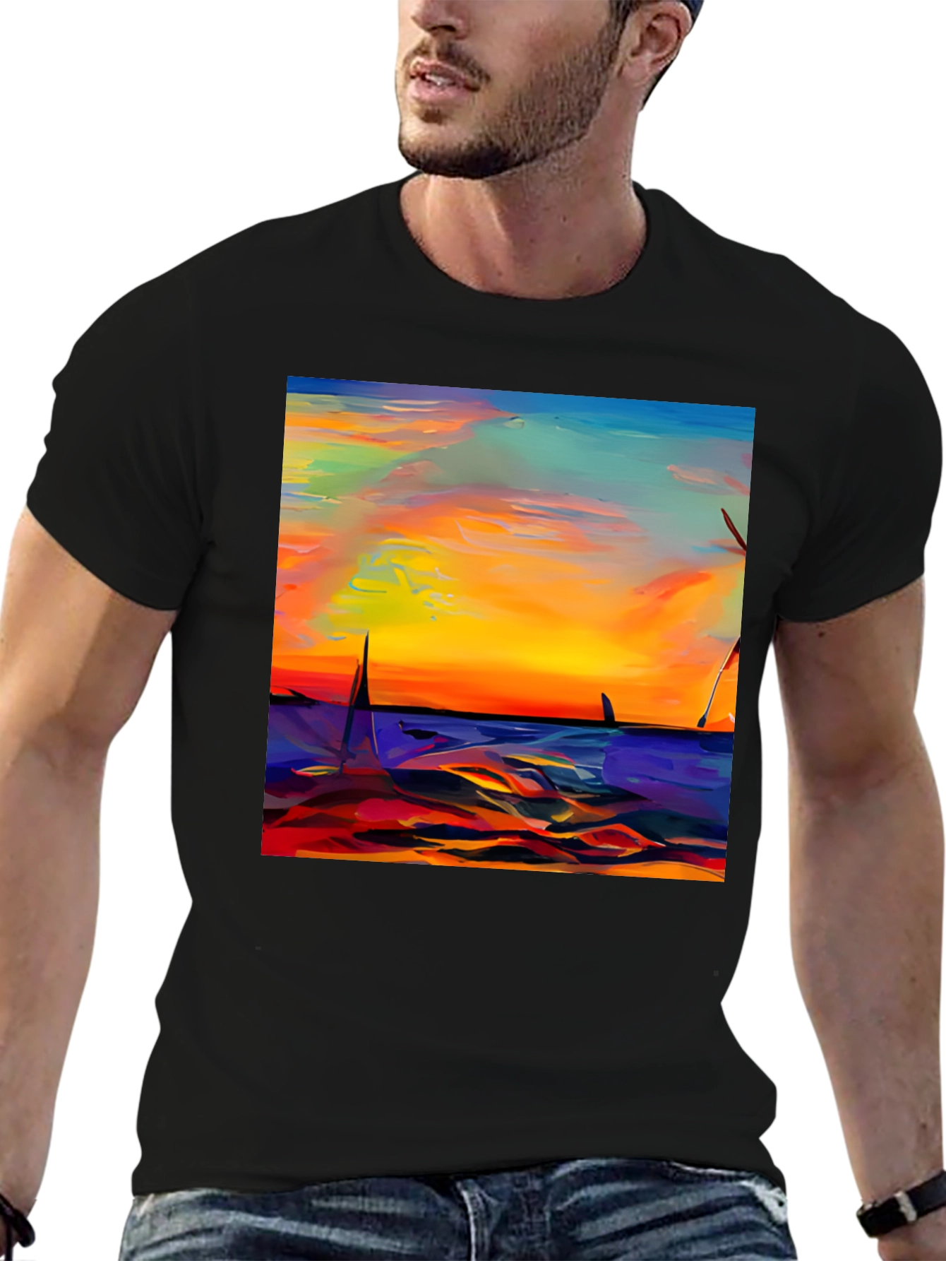 Sunset Sailboat Graphic Tee - Vibrant Artistic Design