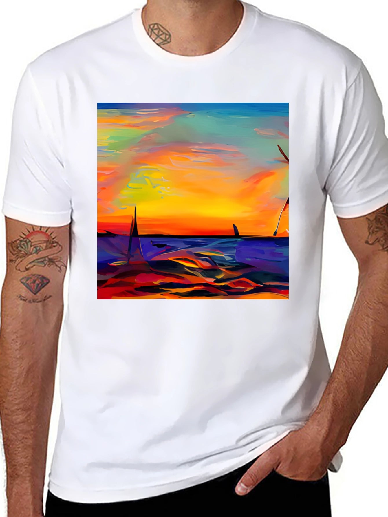 Sunset Sailboat Graphic Tee - Vibrant Artistic Design
