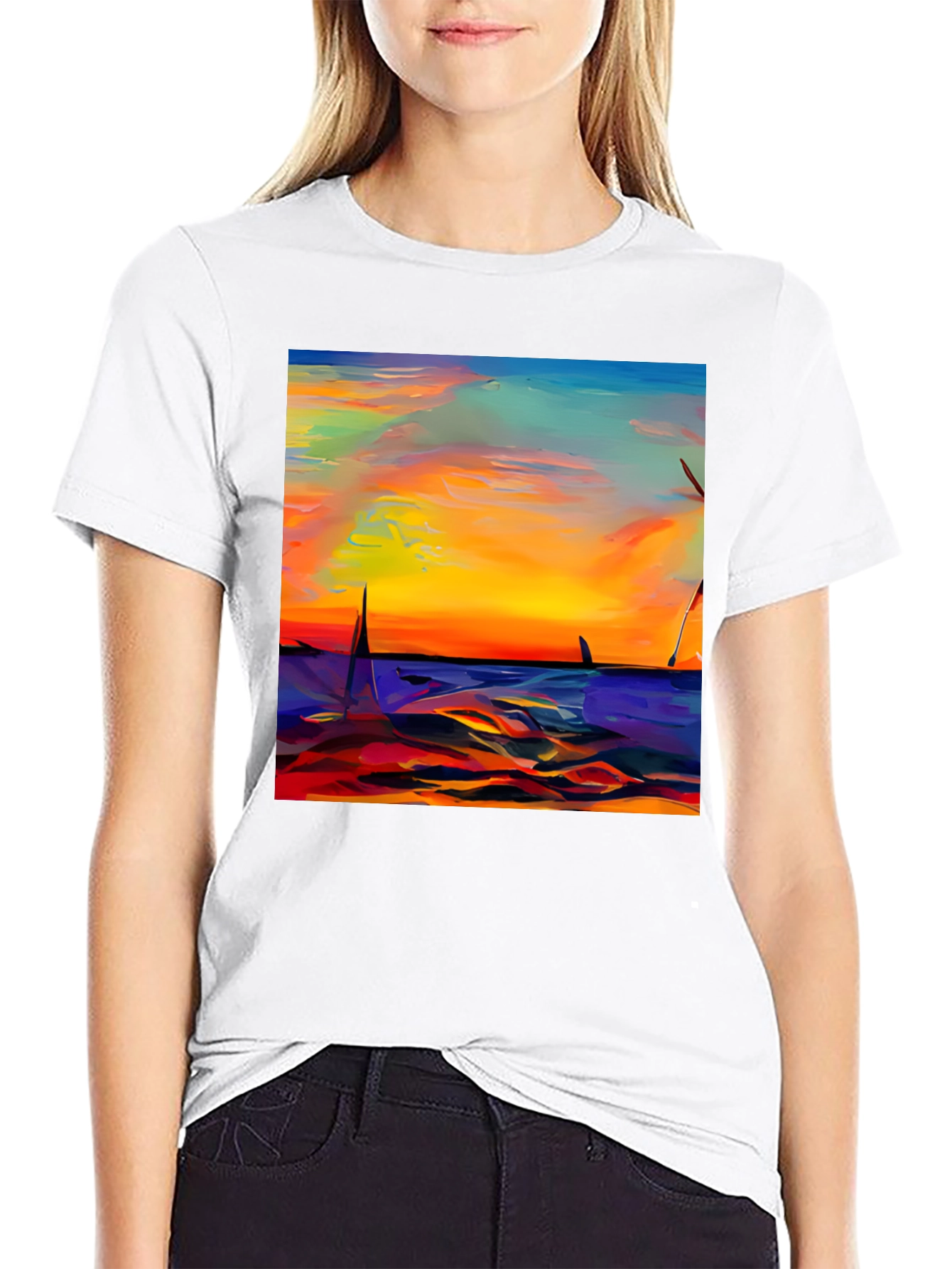 Sunset Sailboat Graphic Tee - Vibrant Artistic Design