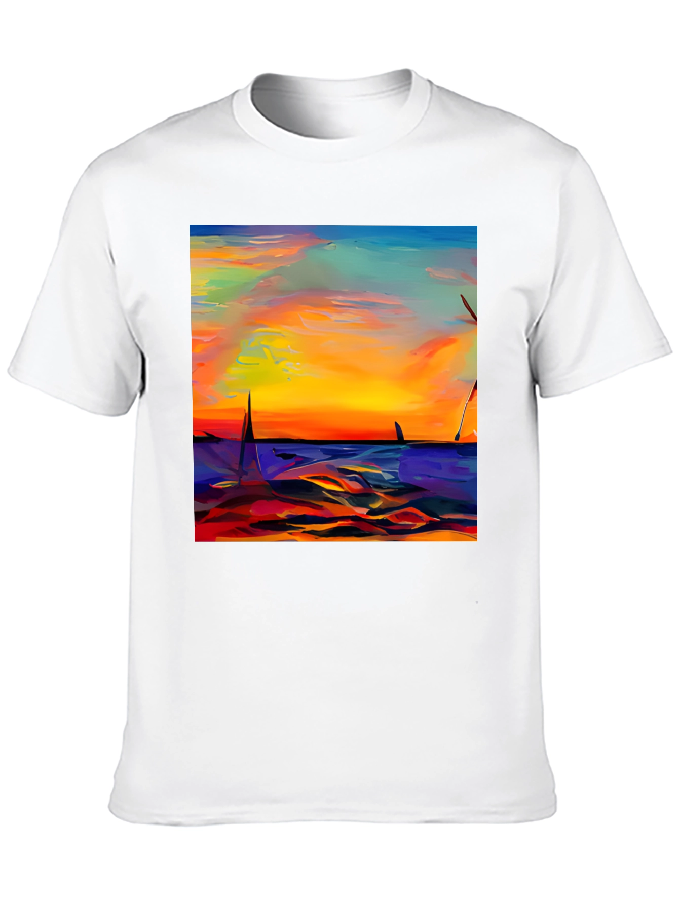 Sunset Sailboat Graphic Tee - Vibrant Artistic Design