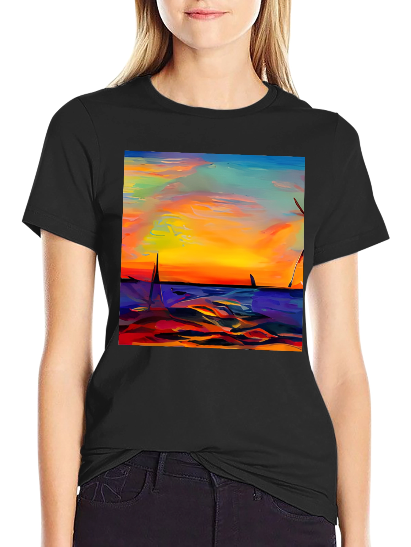 Sunset Sailboat Graphic Tee - Vibrant Artistic Design