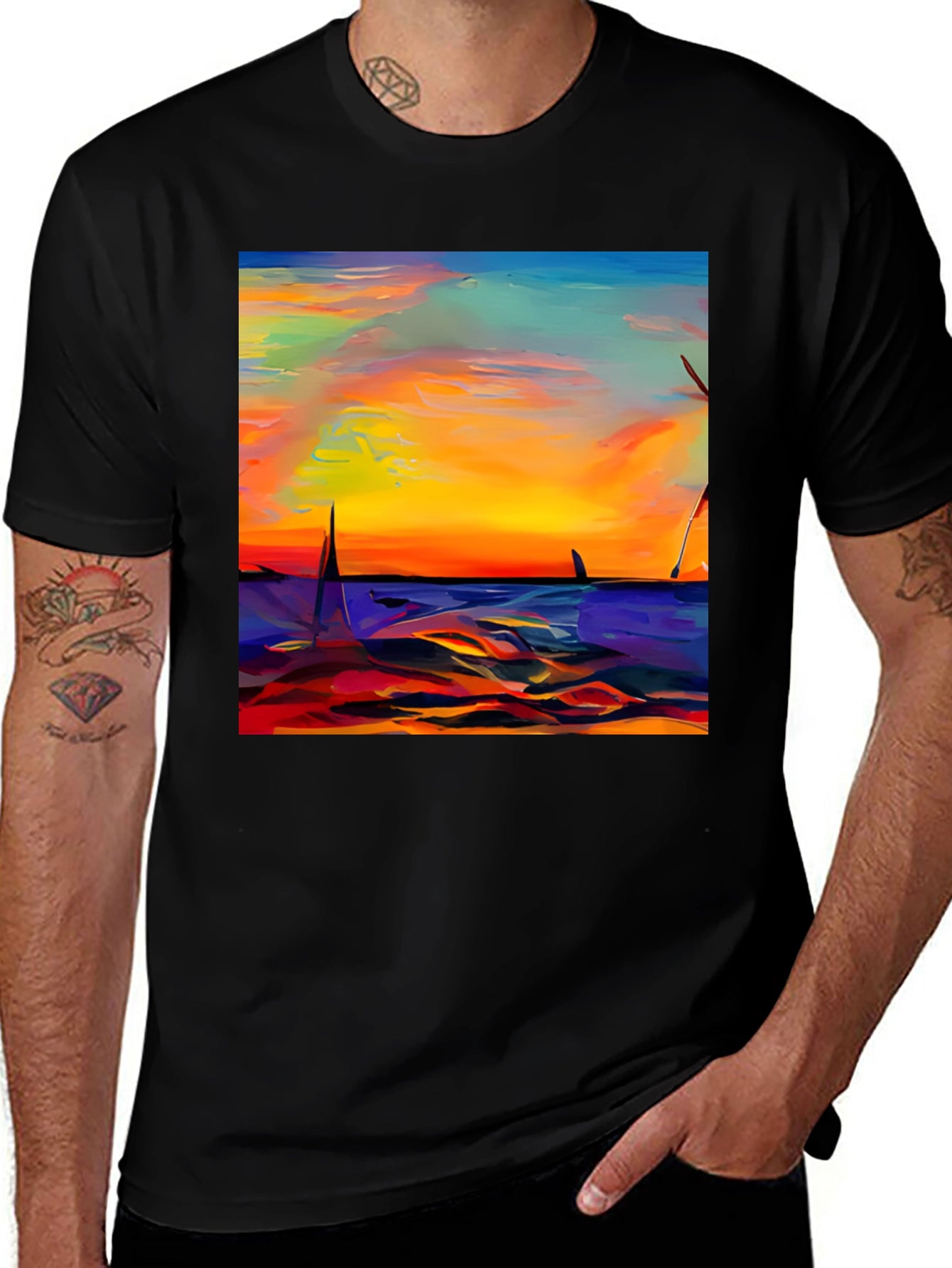 Sunset Sailboat Graphic Tee - Vibrant Artistic Design