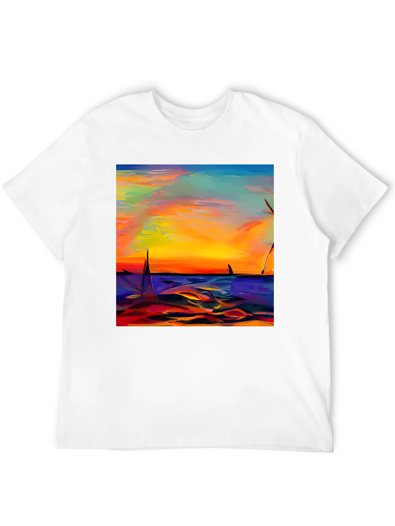 Sunset Sailboat Graphic Tee - Vibrant Artistic Design