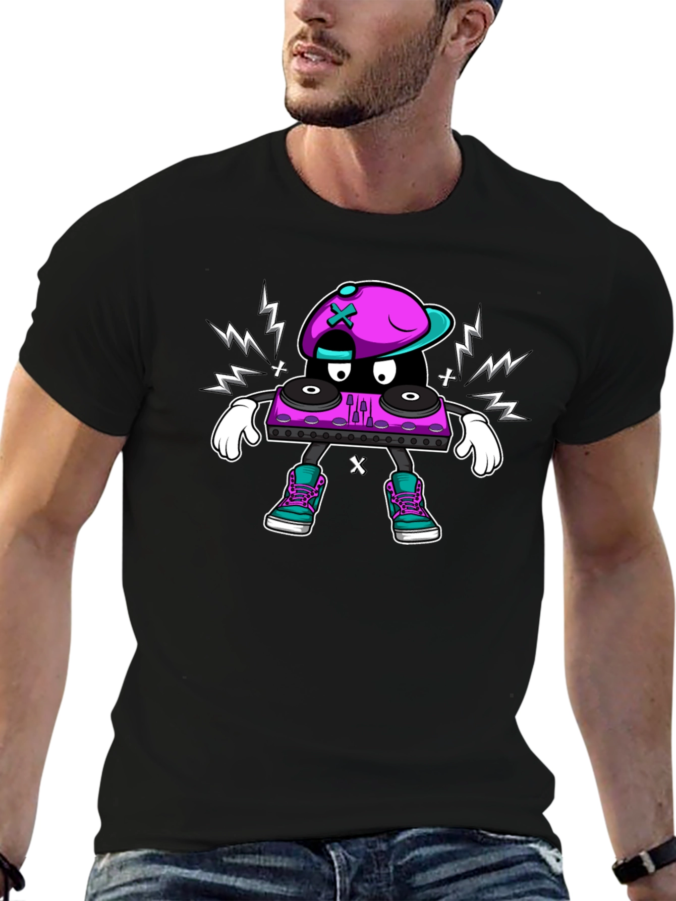 Cool DJ Turntable Character Black T-Shirt