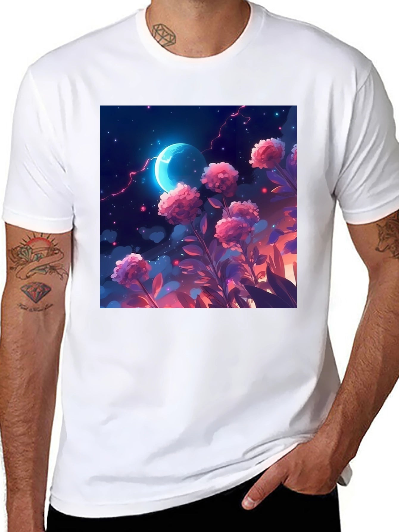 Floral Moon T-Shirt - Celestial Garden Design