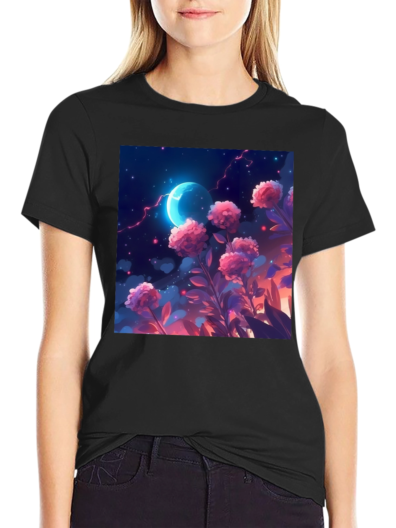 Floral Moon T-Shirt - Celestial Garden Design