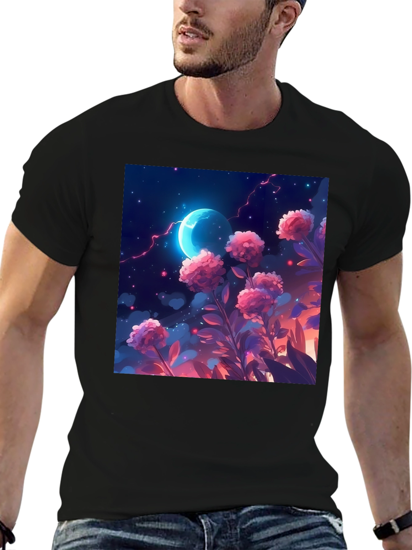 Floral Moon T-Shirt - Celestial Garden Design
