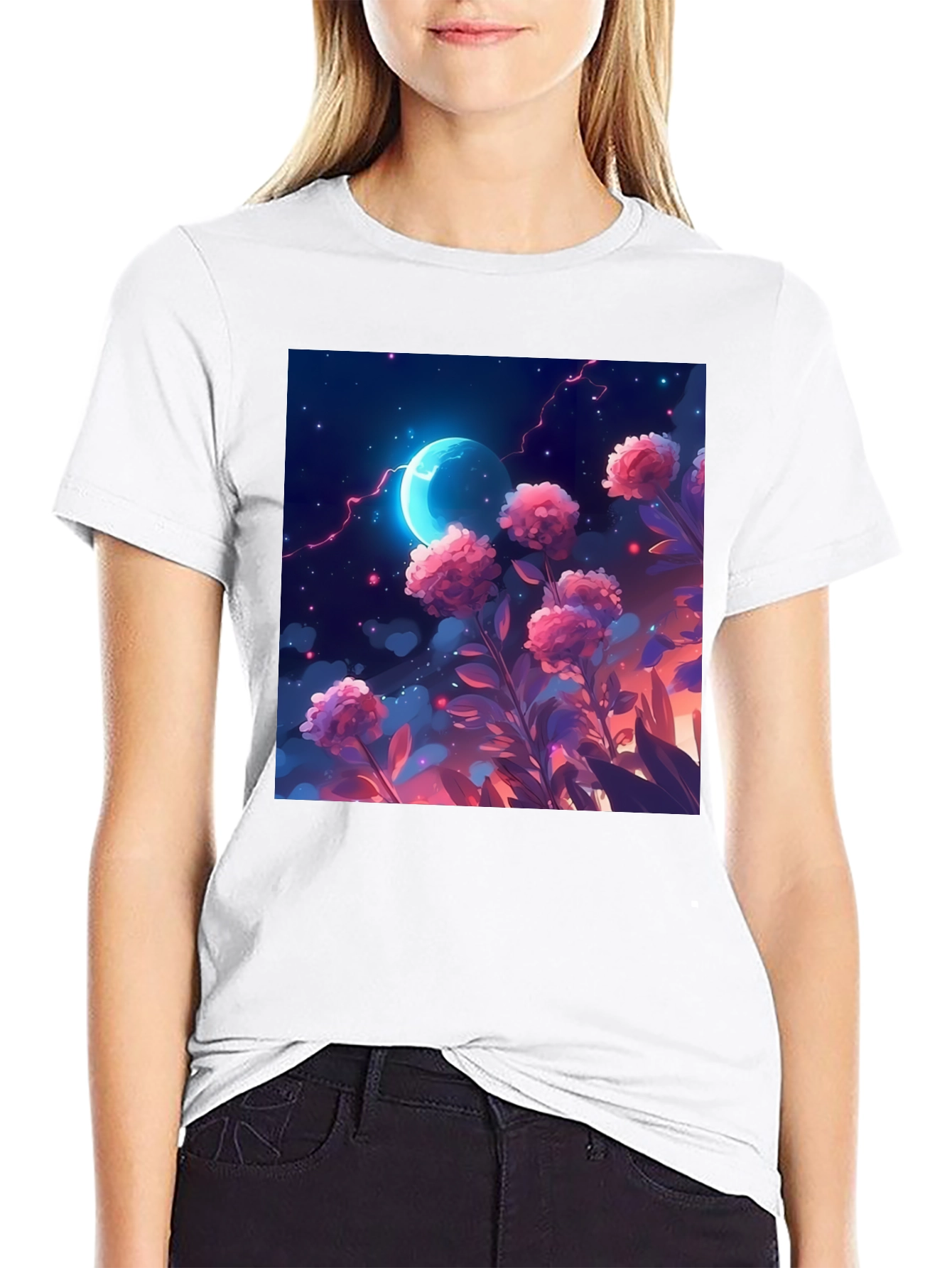 Floral Moon T-Shirt - Celestial Garden Design