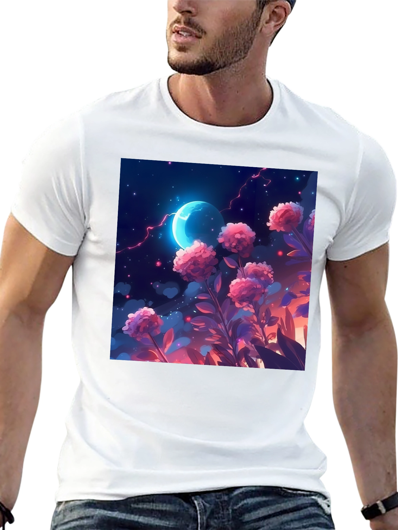 Floral Moon T-Shirt - Celestial Garden Design