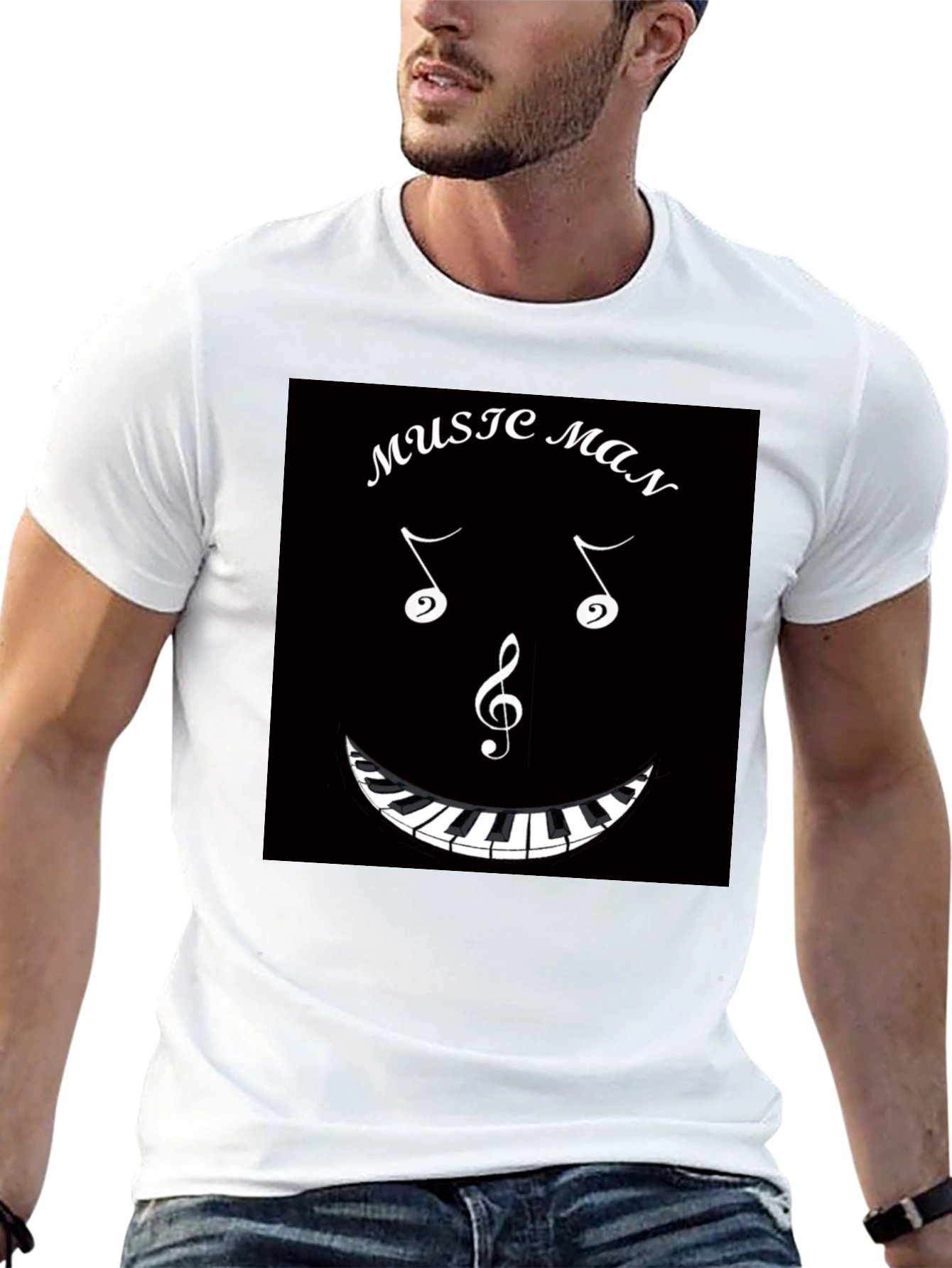 Music Man T-Shirt: Musical Notes & Piano Keyboard Design