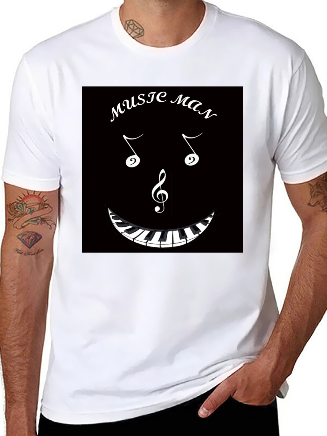 Music Man T-Shirt: Musical Notes & Piano Keyboard Design