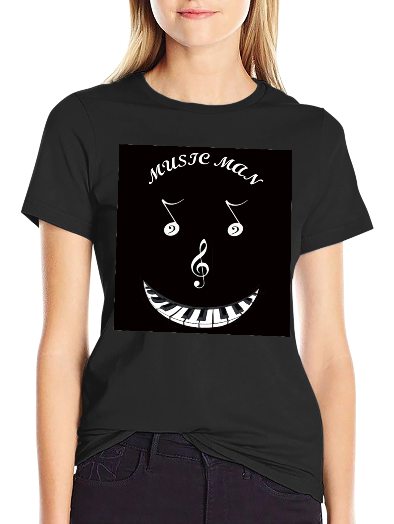 Music Man T-Shirt: Musical Notes & Piano Keyboard Design