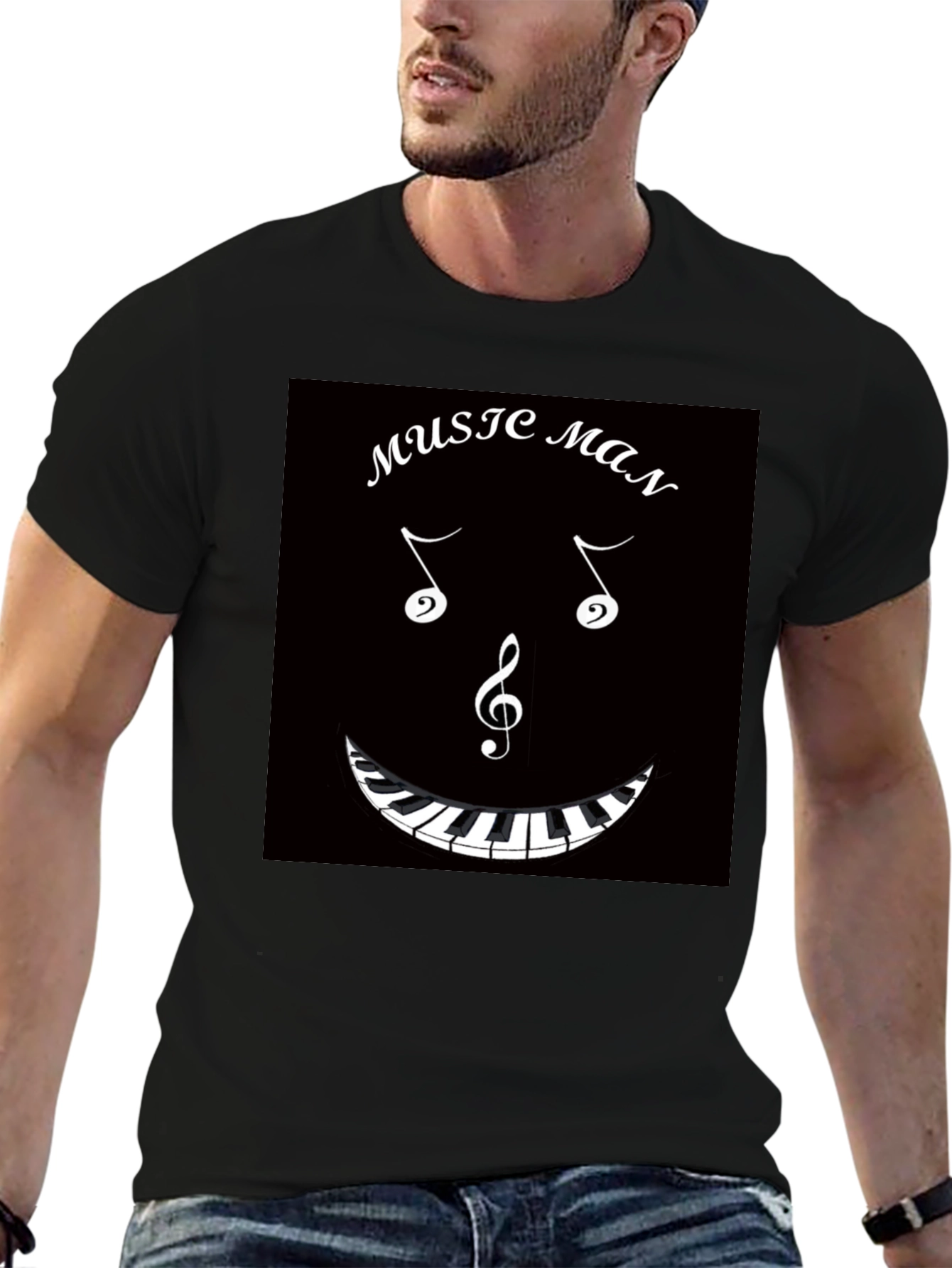 Music Man T-Shirt: Musical Notes & Piano Keyboard Design