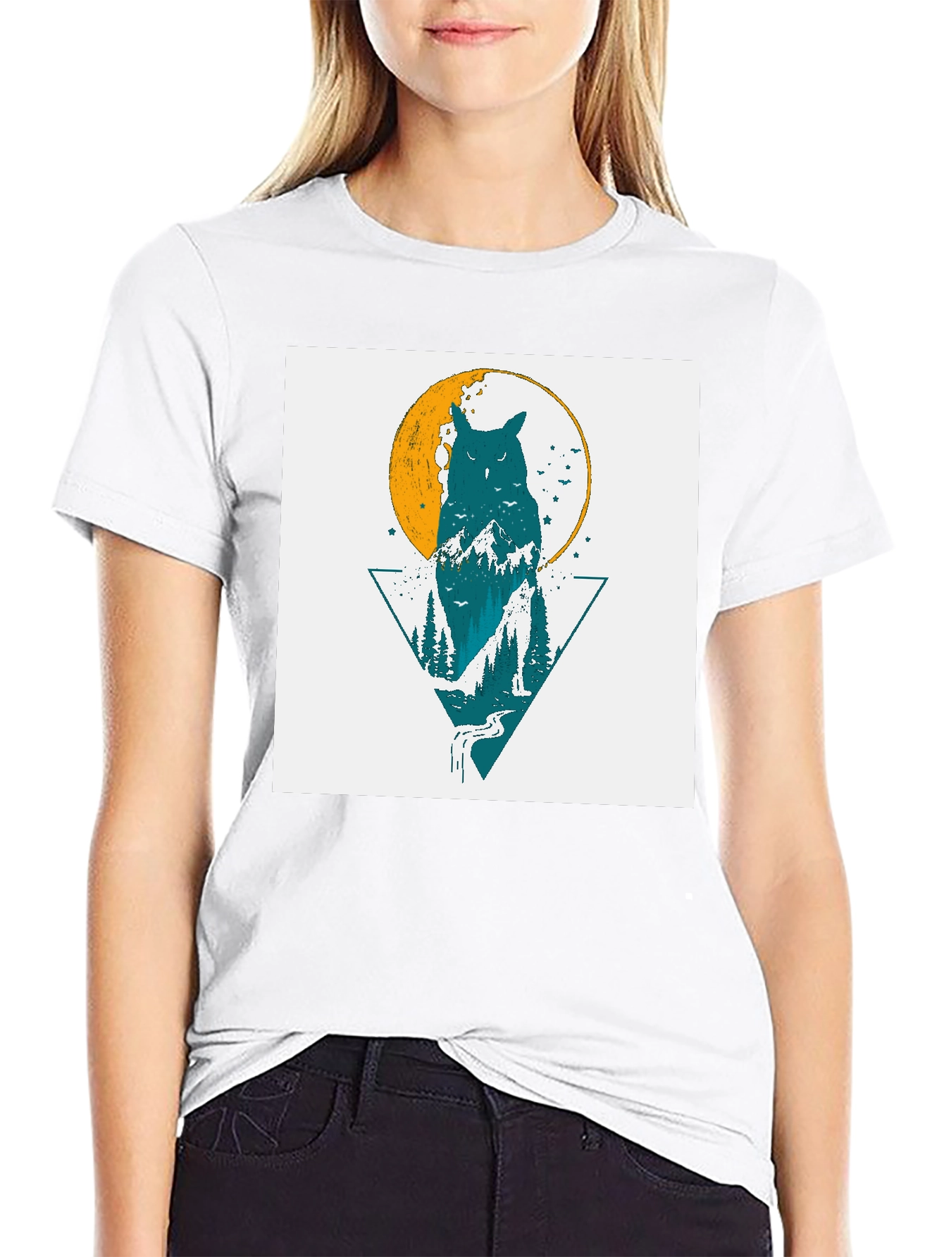 Owl & Nature Graphic Print Black Tee
