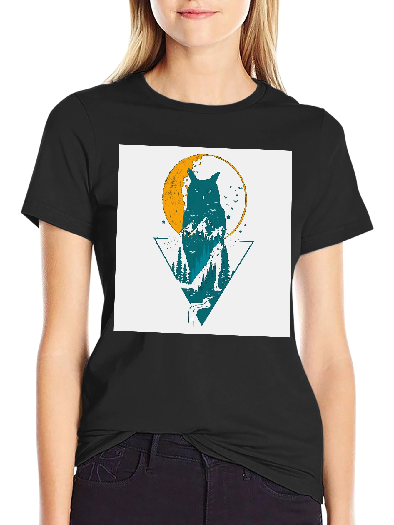 Owl & Nature Graphic Print Black Tee