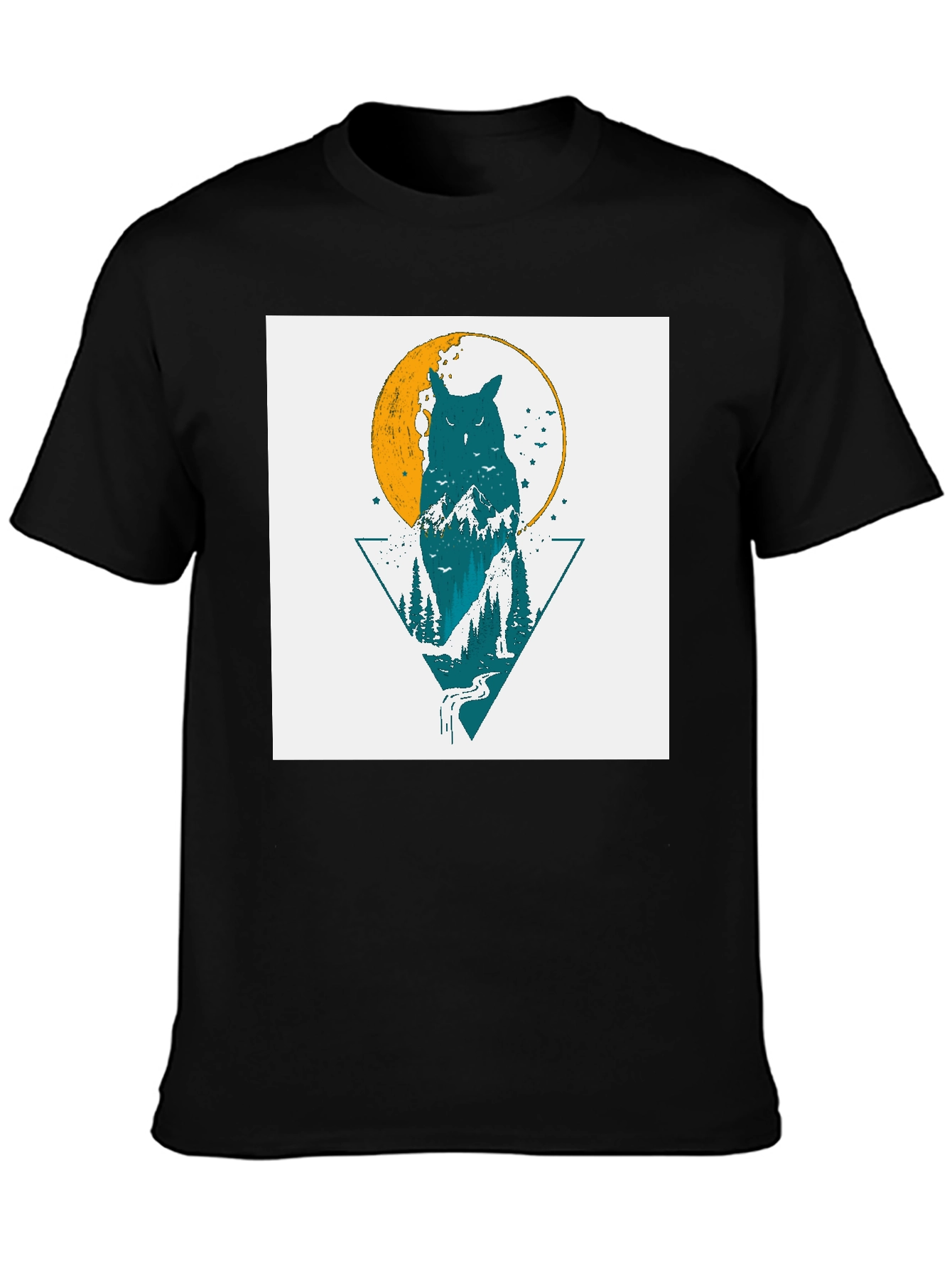 Owl & Nature Graphic Print Black Tee