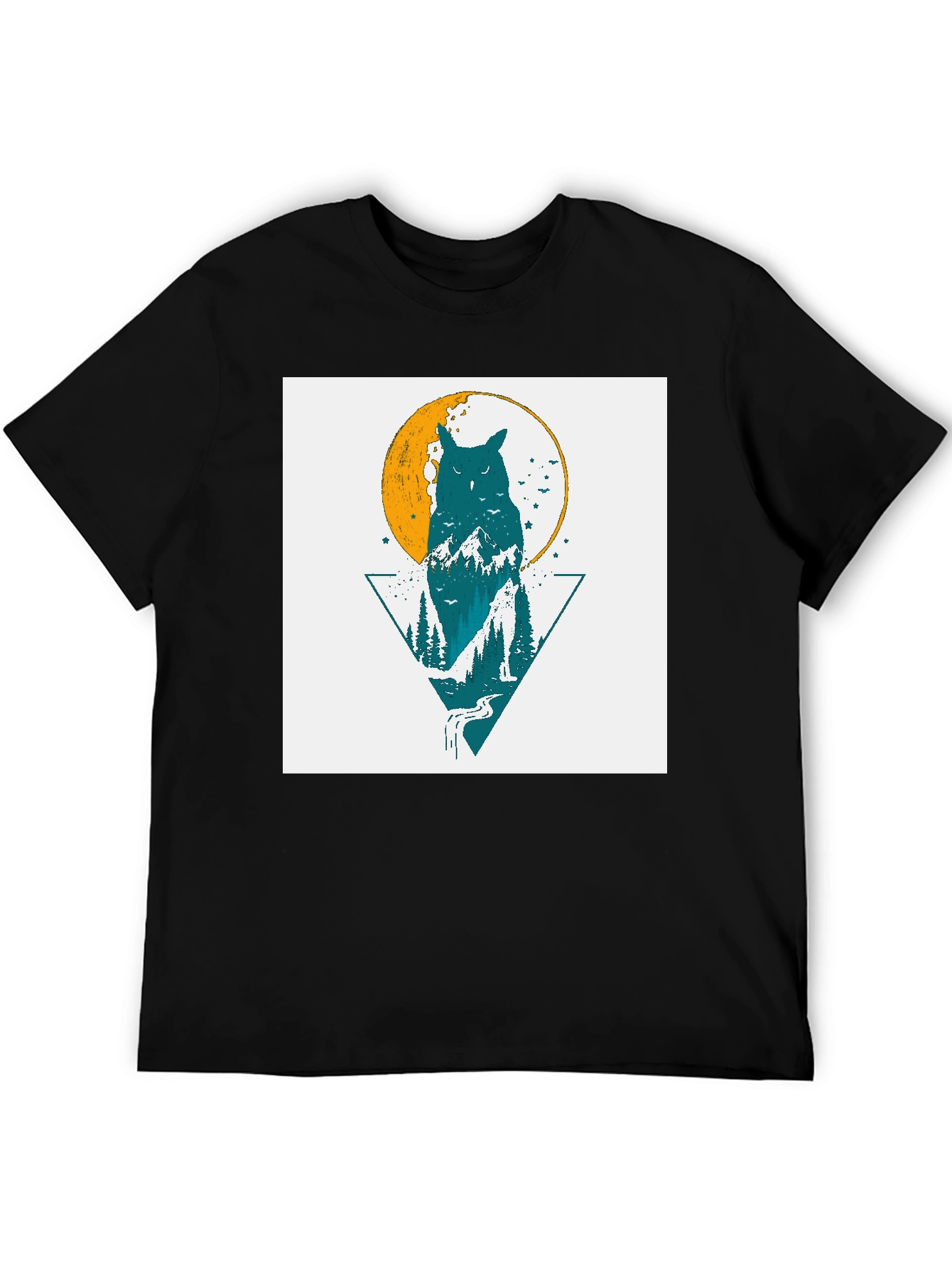 Owl & Nature Graphic Print Black Tee