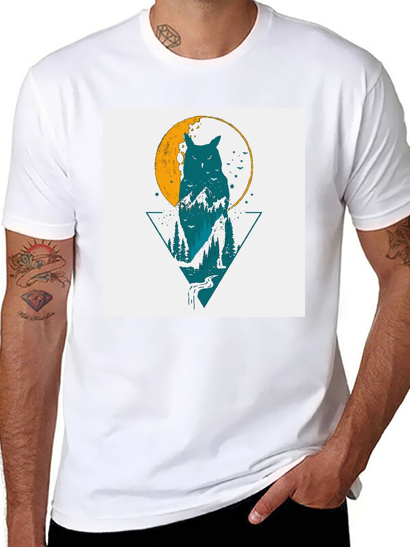 Owl & Nature Graphic Print Black Tee