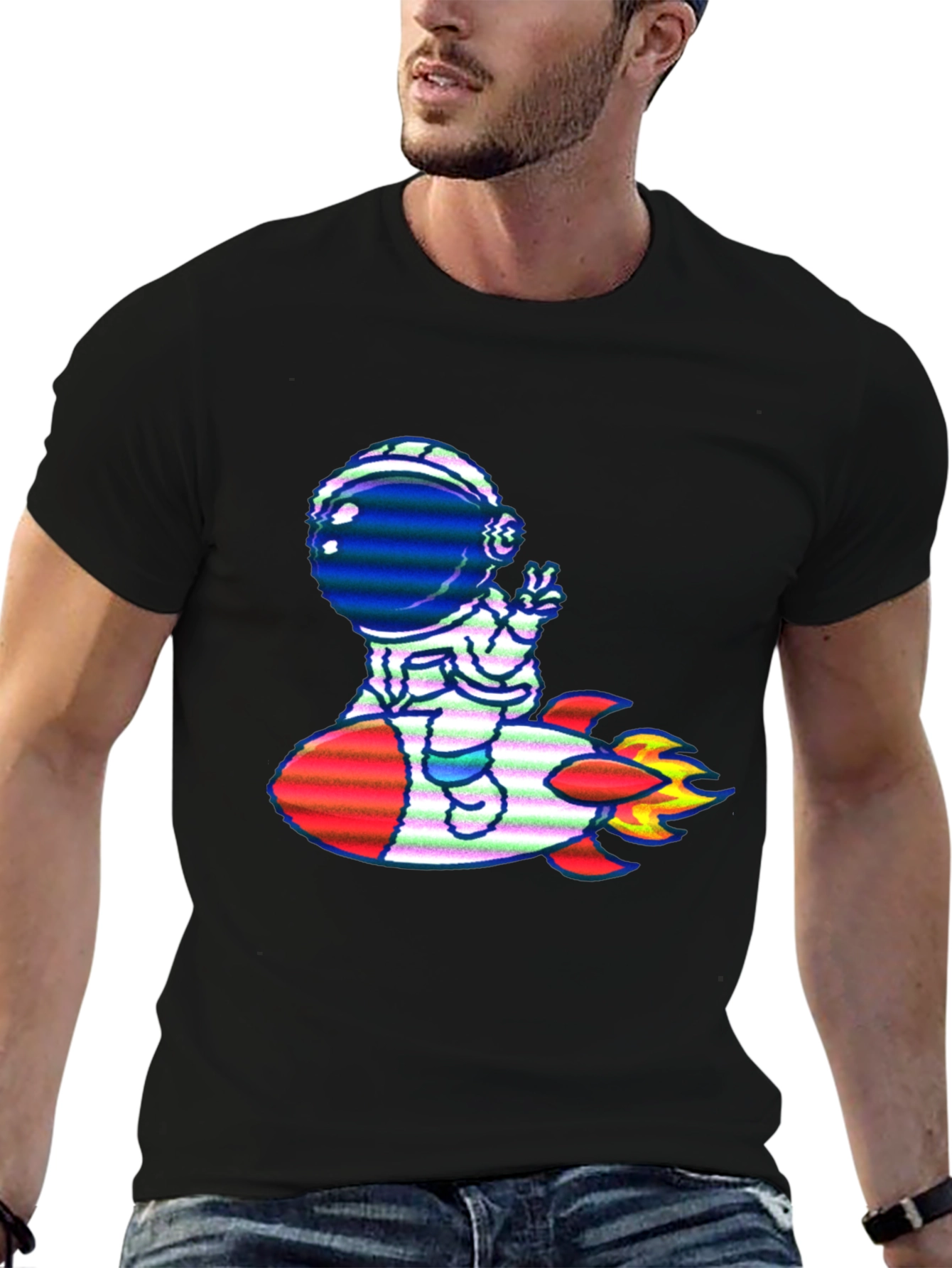 Astronaut Rocket T-Shirt - Black Cotton Tee