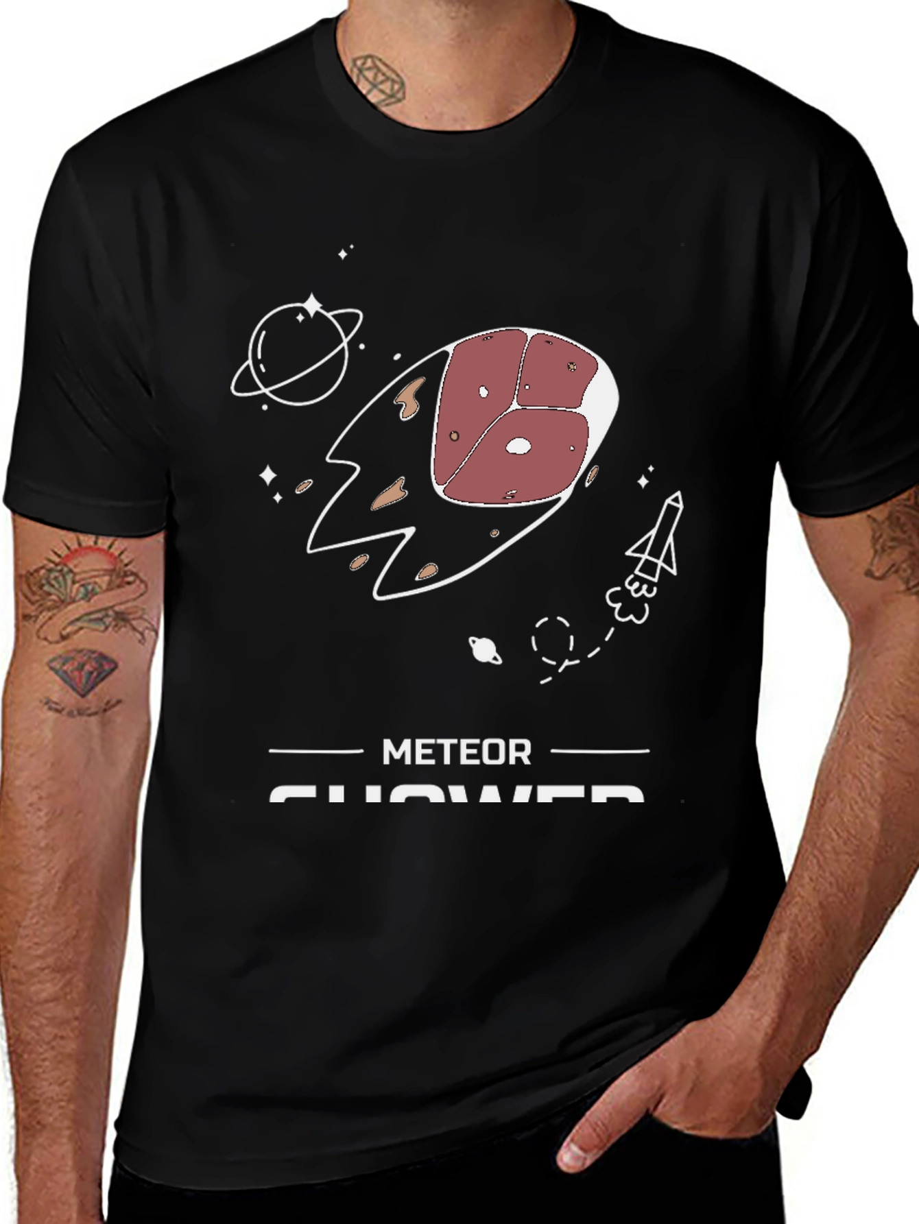 Meat-eor Shower T-Shirt - Funny Space Pun