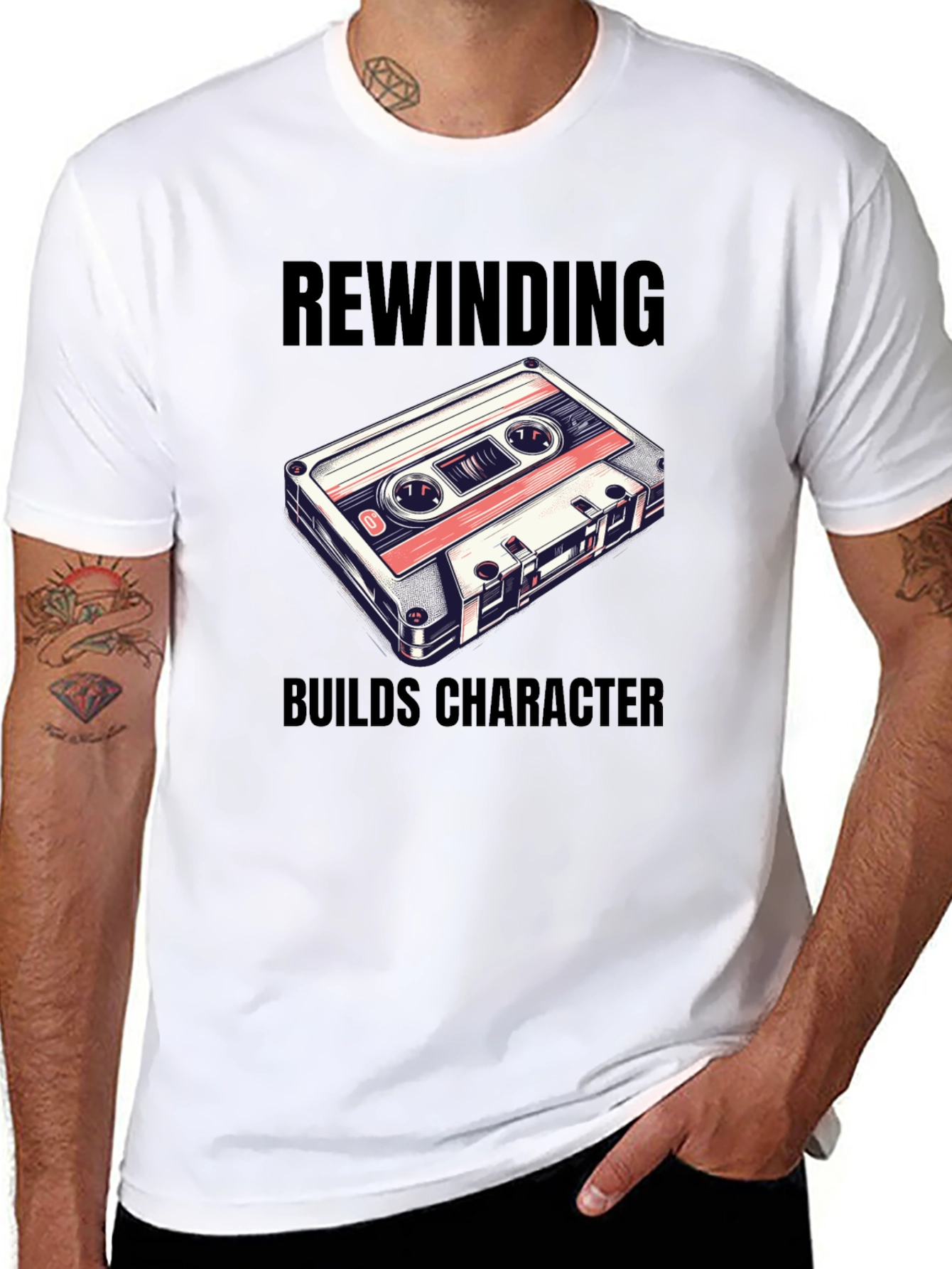 Rewinding Builds Character T-Shirt - Retro Cassette Tee