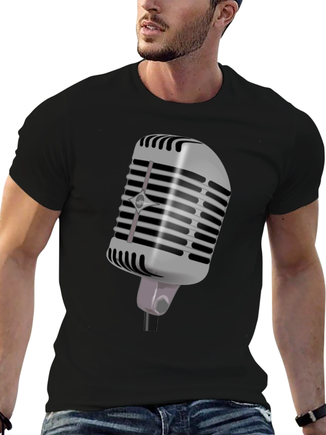 Retro Microphone Graphic Tee - Black
