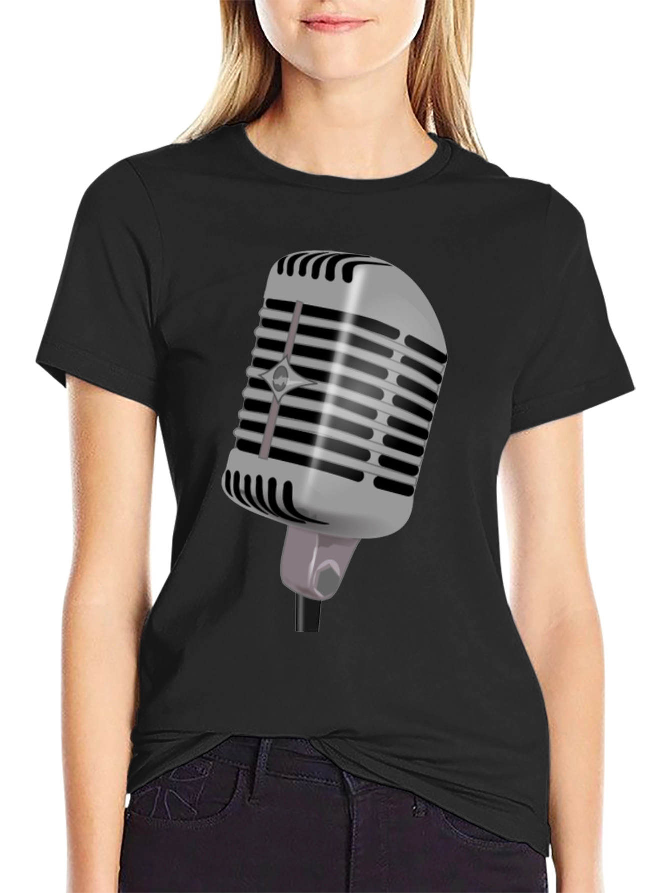 Retro Microphone Graphic Tee - Black