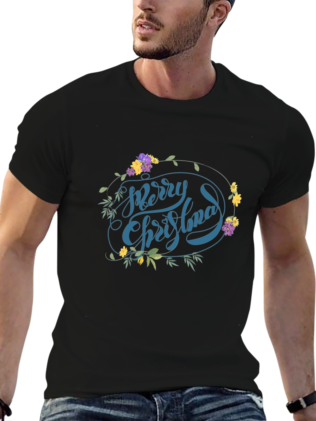 Festive Floral Merry Christmas Graphic Tee