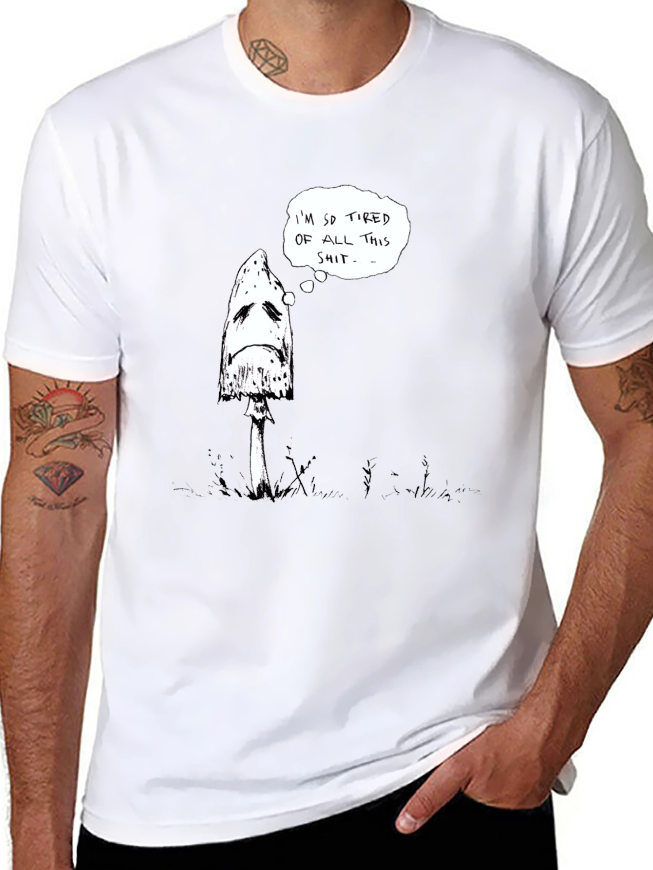 Sad Mushroom Graphic Tee - Black Cotton Shirt