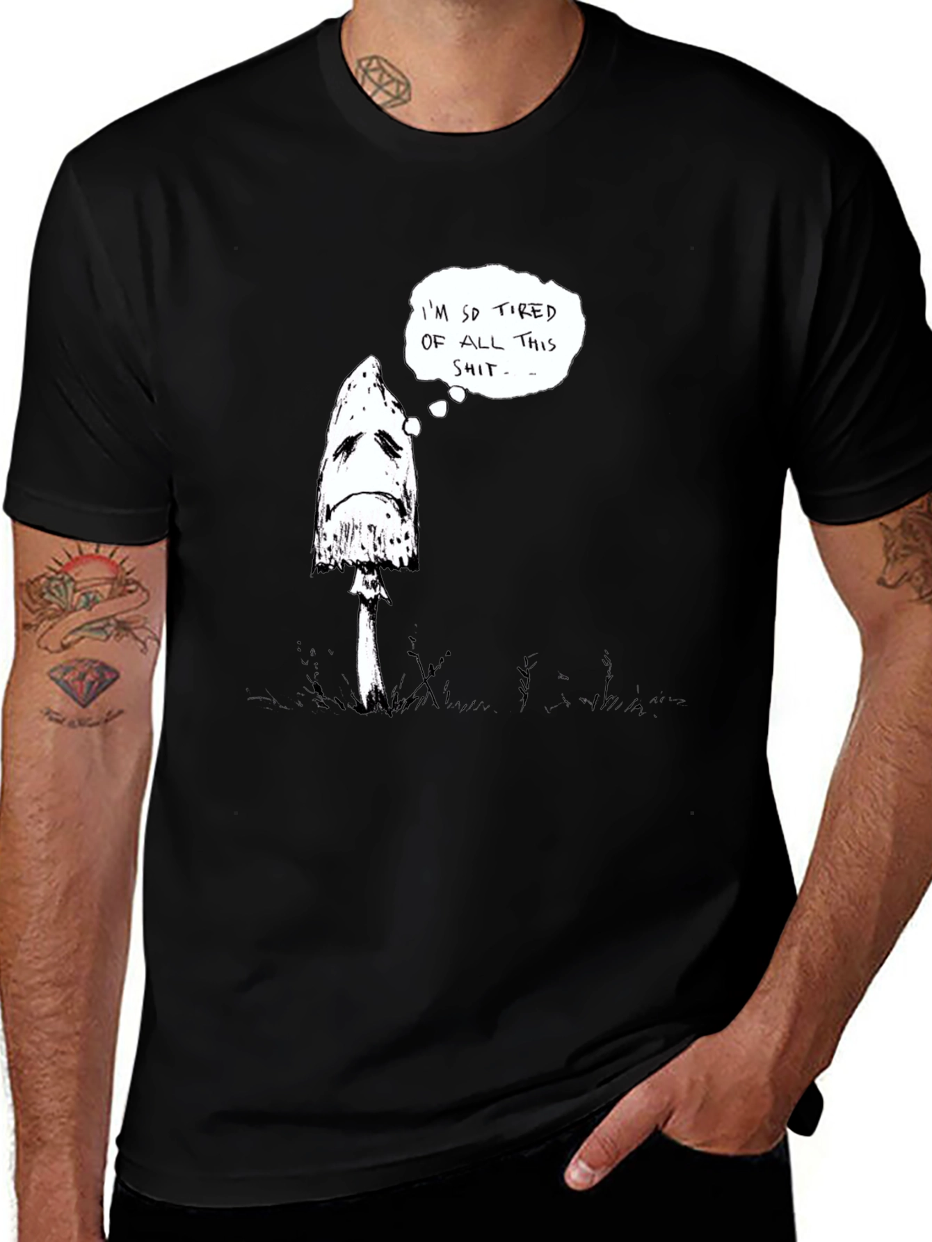 Sad Mushroom Graphic Tee - Black Cotton Shirt