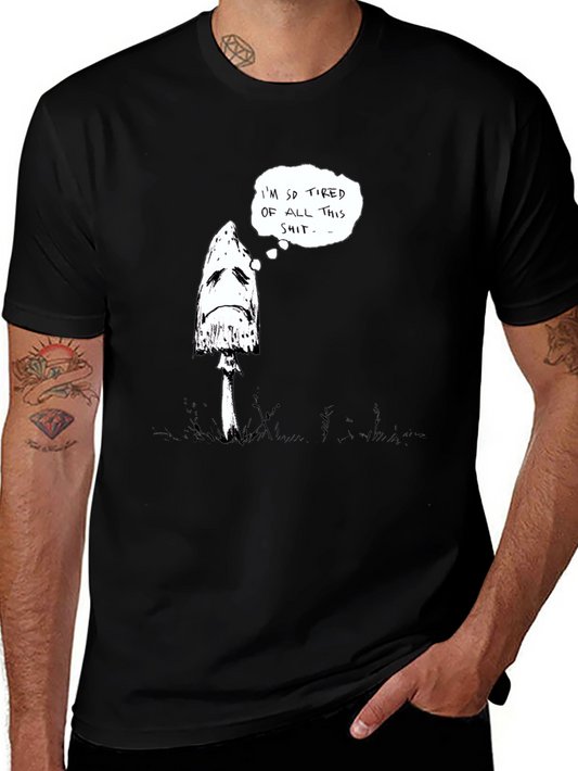 Sad Mushroom Graphic Tee - Black Cotton Shirt