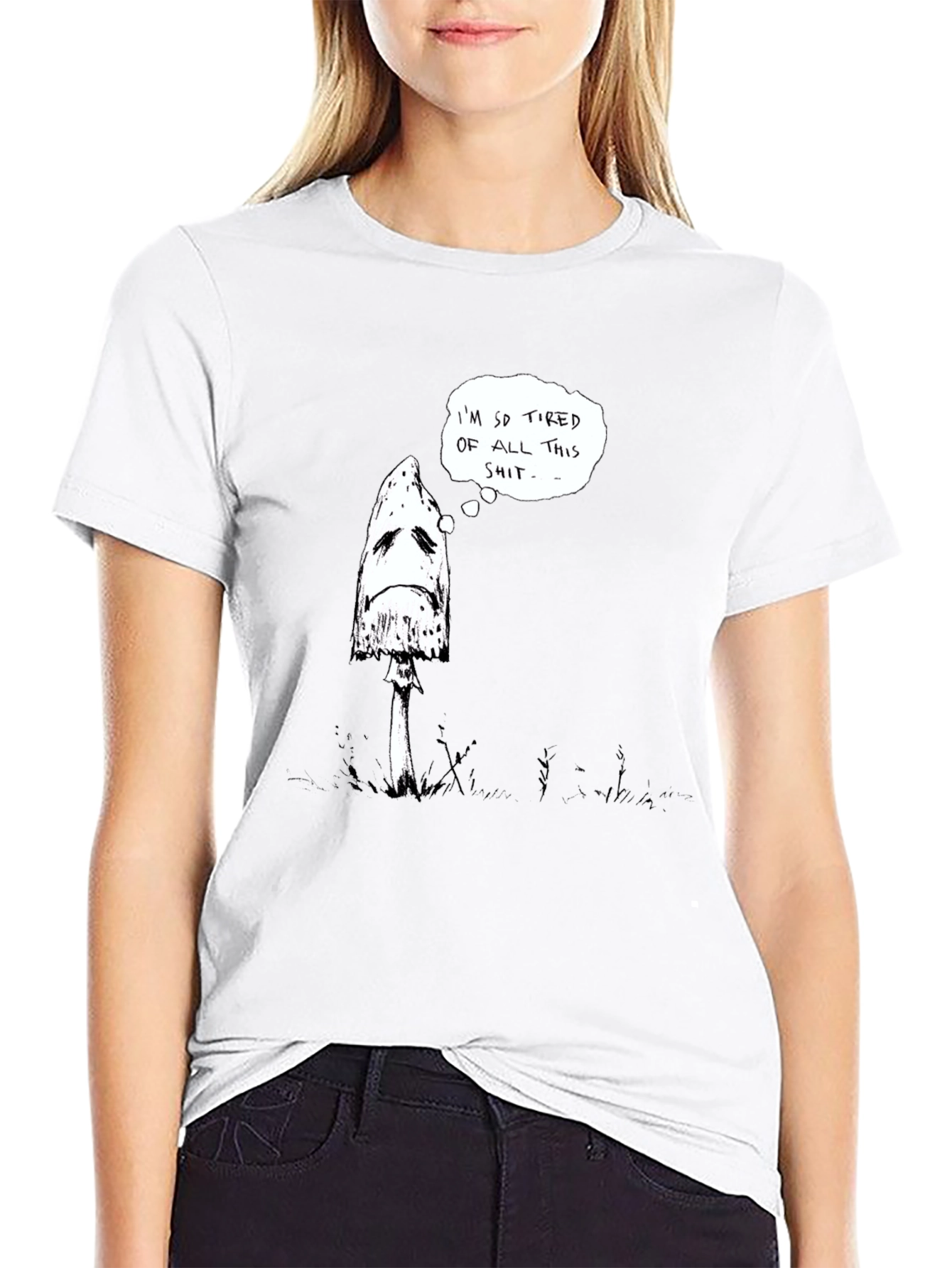 Sad Mushroom Graphic Tee - Black Cotton Shirt