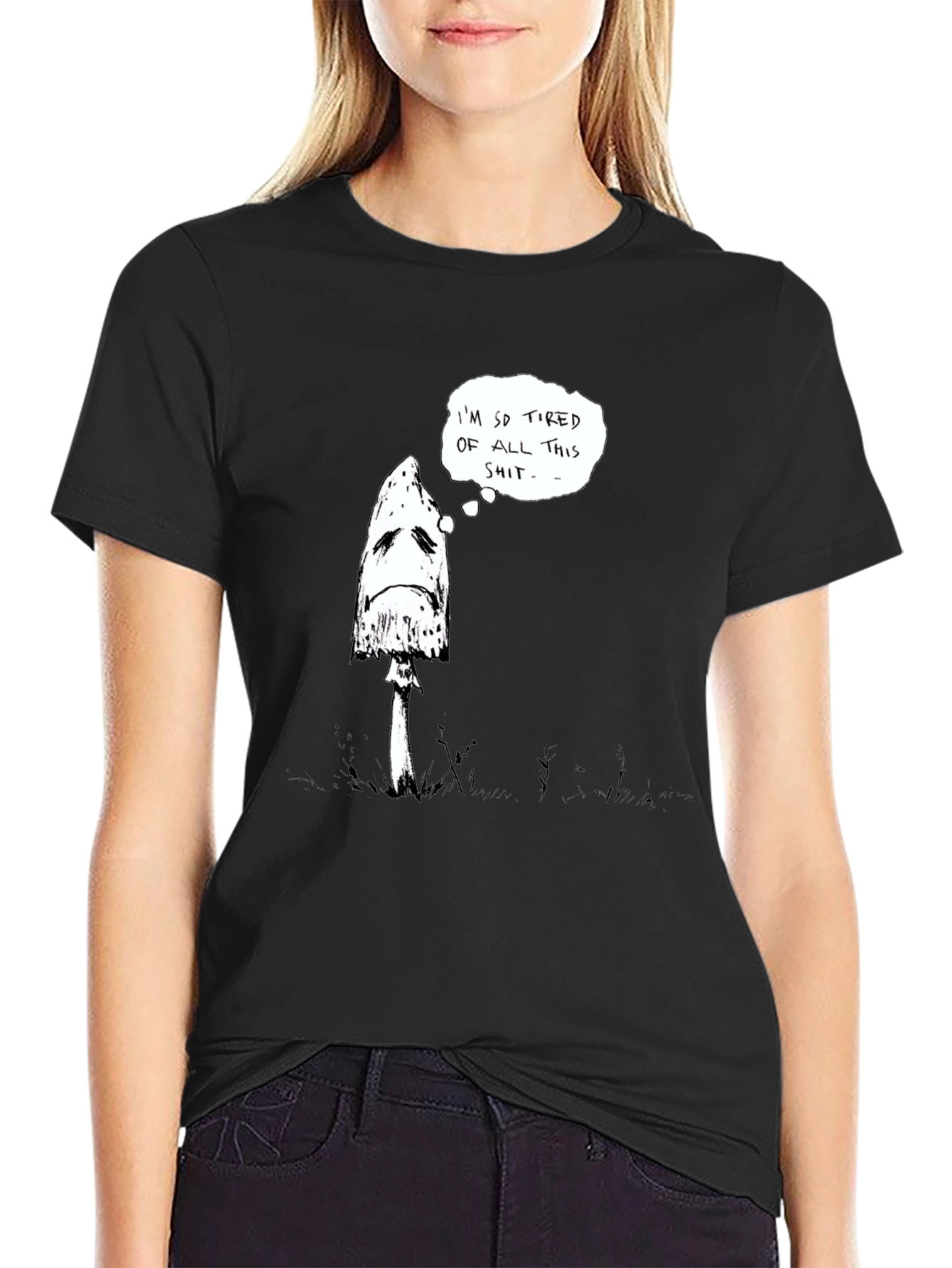 Sad Mushroom Graphic Tee - Black Cotton Shirt