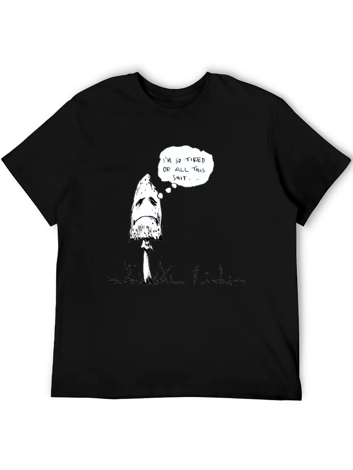 Sad Mushroom Graphic Tee - Black Cotton Shirt
