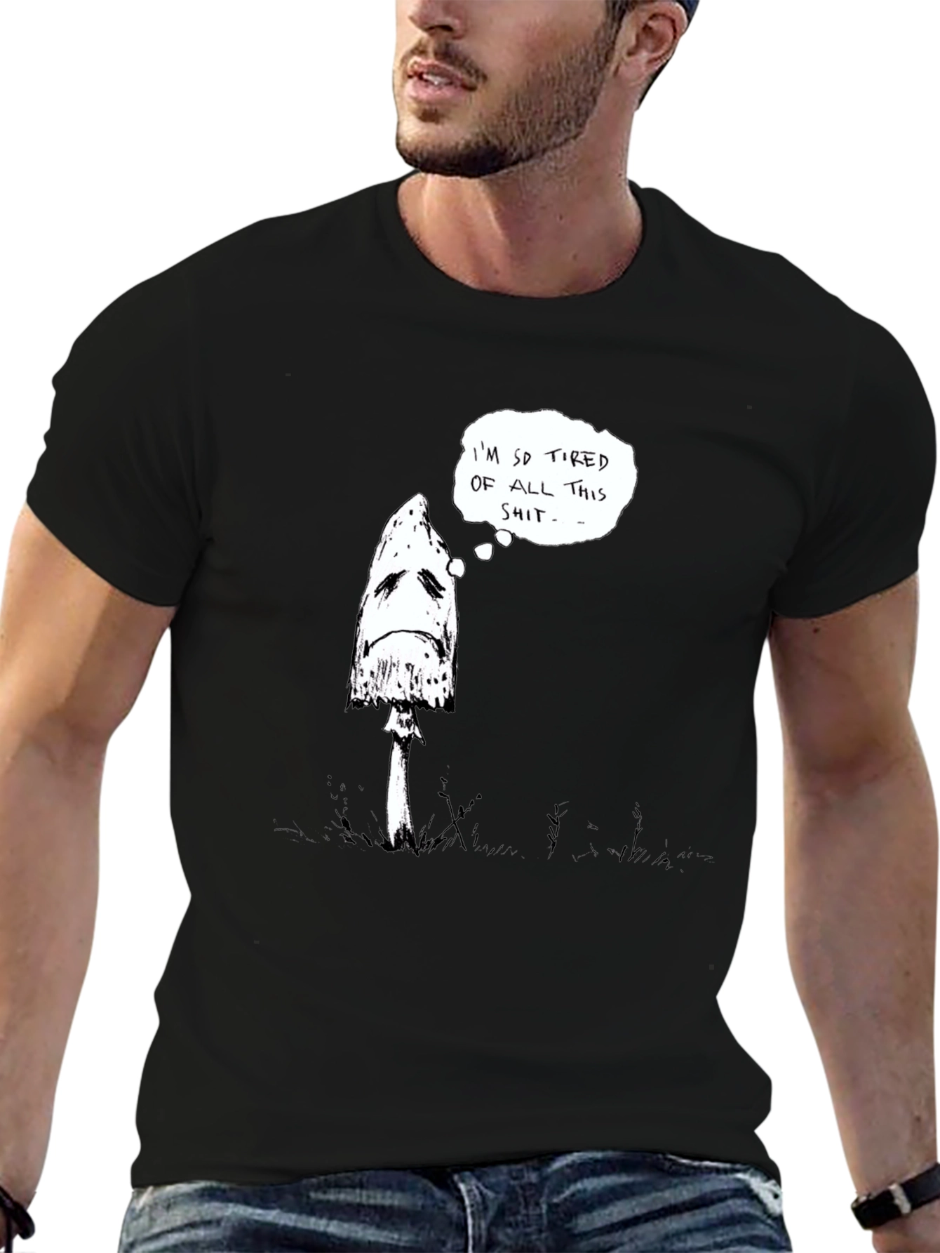 Sad Mushroom Graphic Tee - Black Cotton Shirt