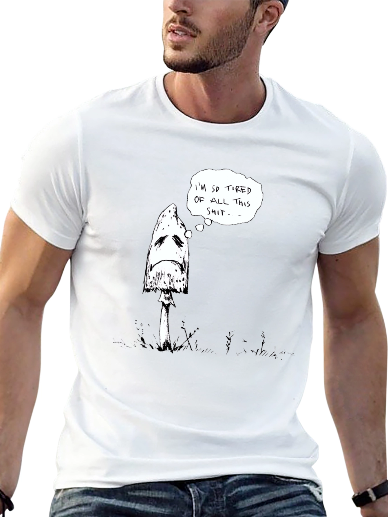 Sad Mushroom Graphic Tee - Black Cotton Shirt