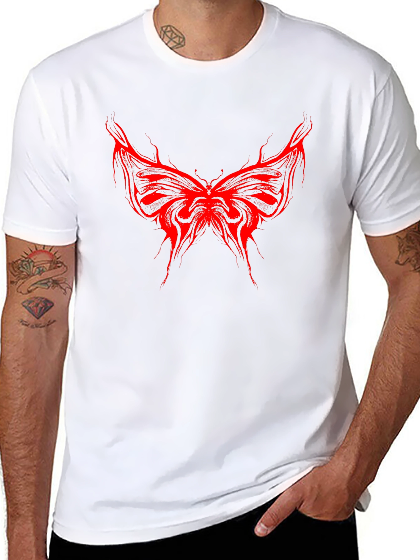 Edgy Red Butterfly Graphic Black T-Shirt