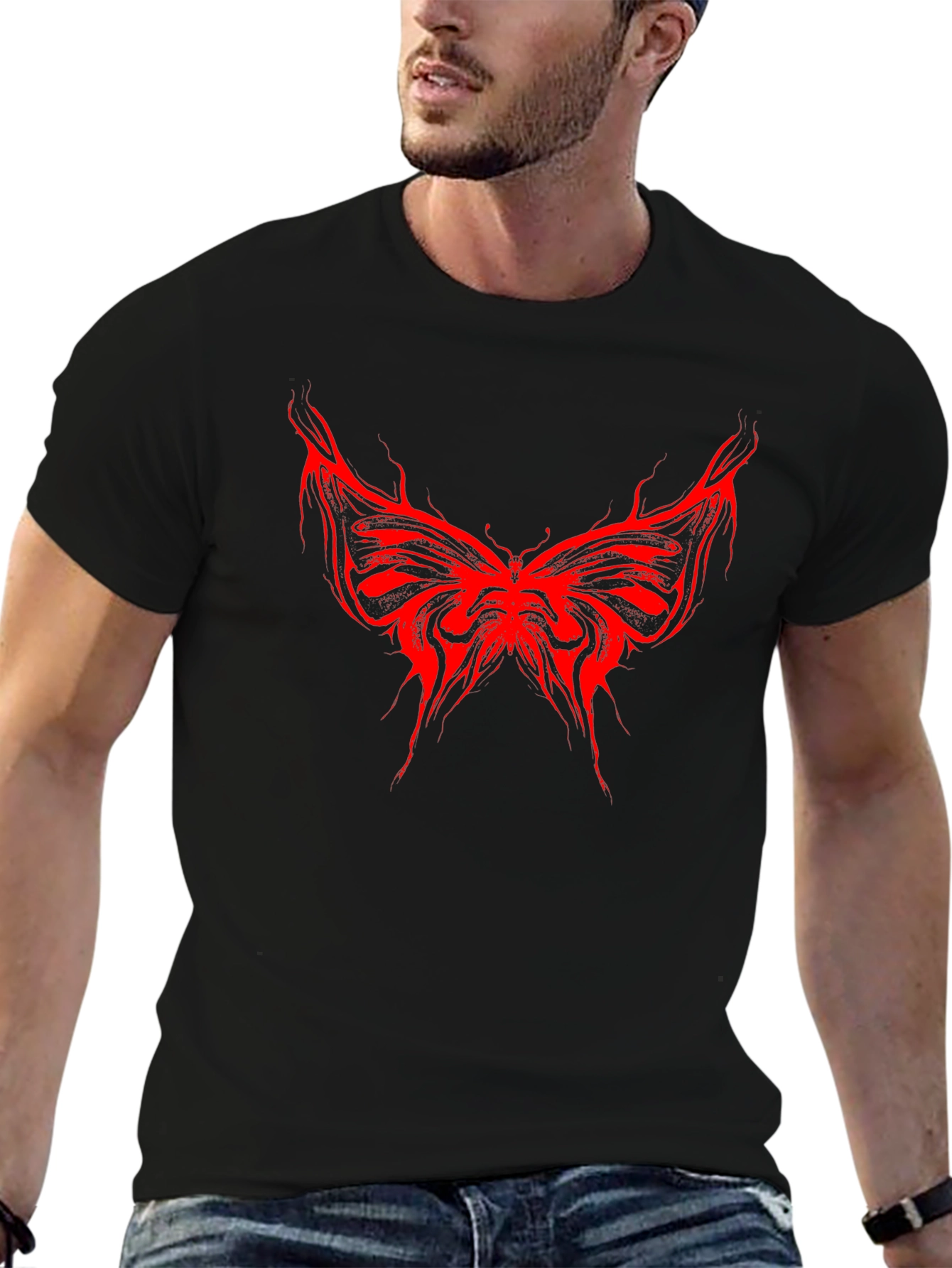 Edgy Red Butterfly Graphic Black T-Shirt