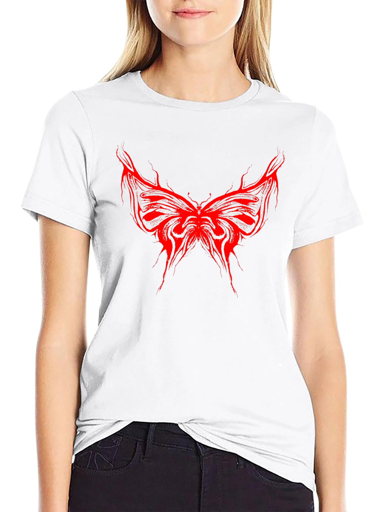 Edgy Red Butterfly Graphic Black T-Shirt