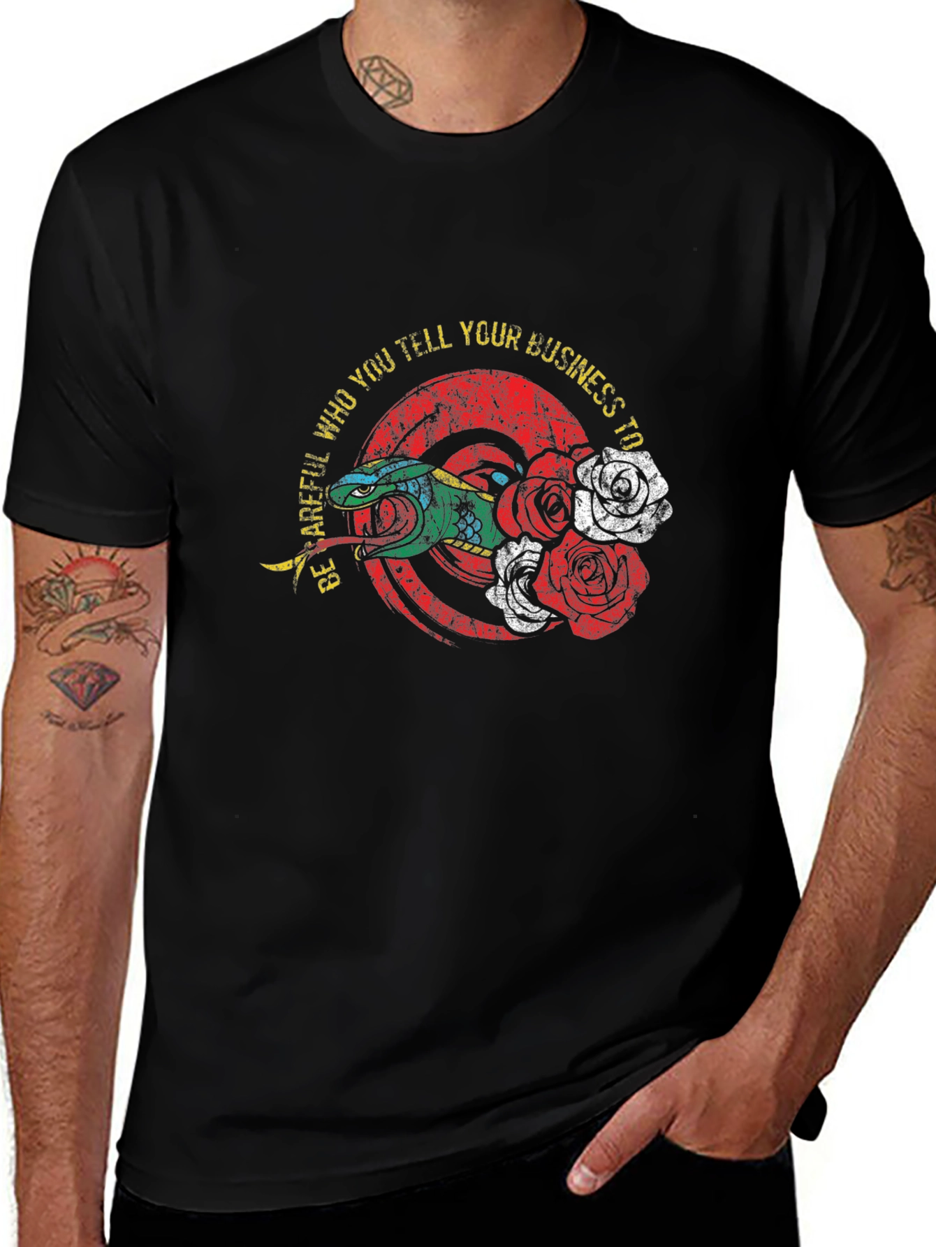 Be Careful Graphic Tee - Snake and Roses