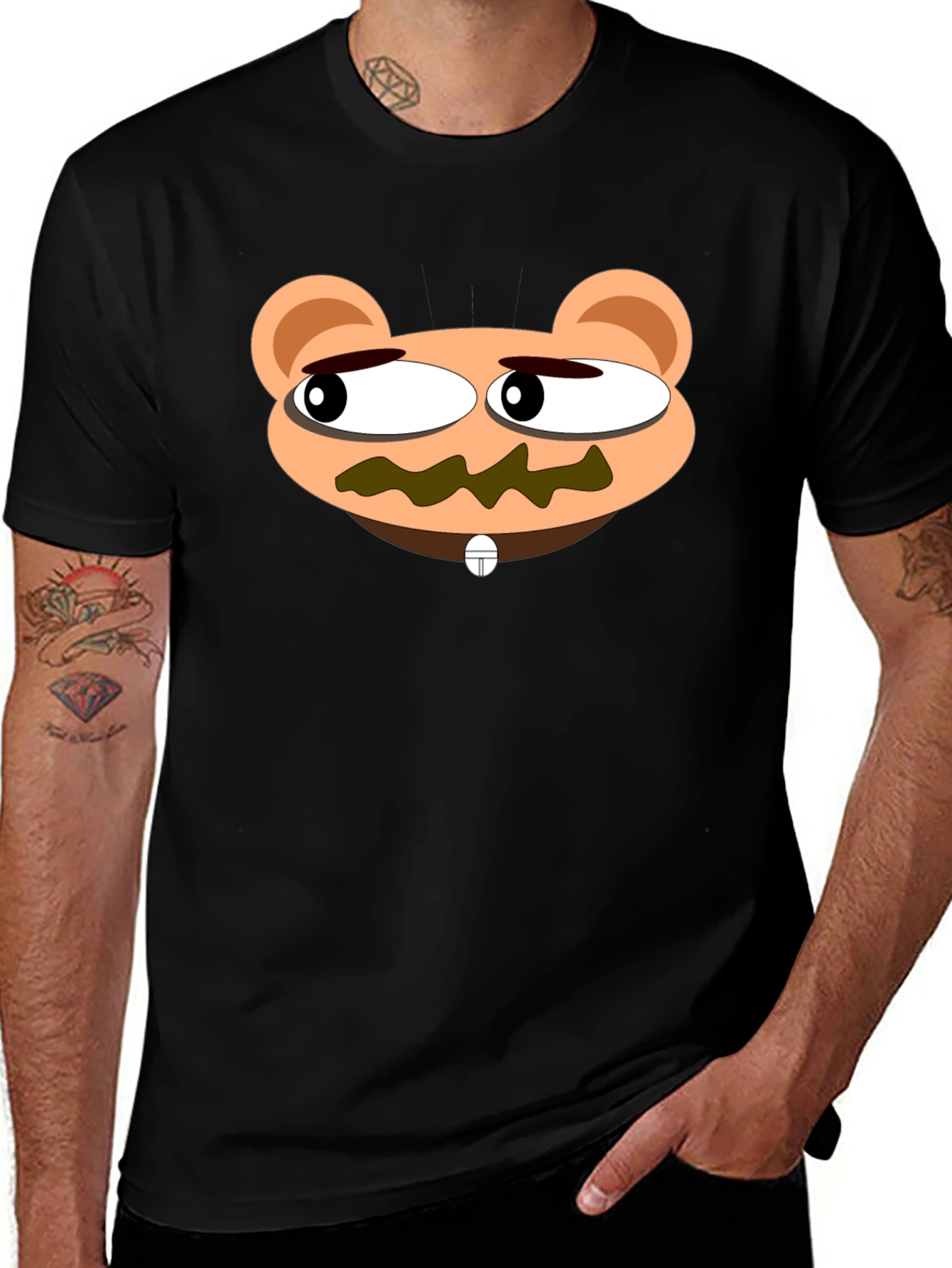 Cartoon Bear Face Black T-Shirt - Unique Design