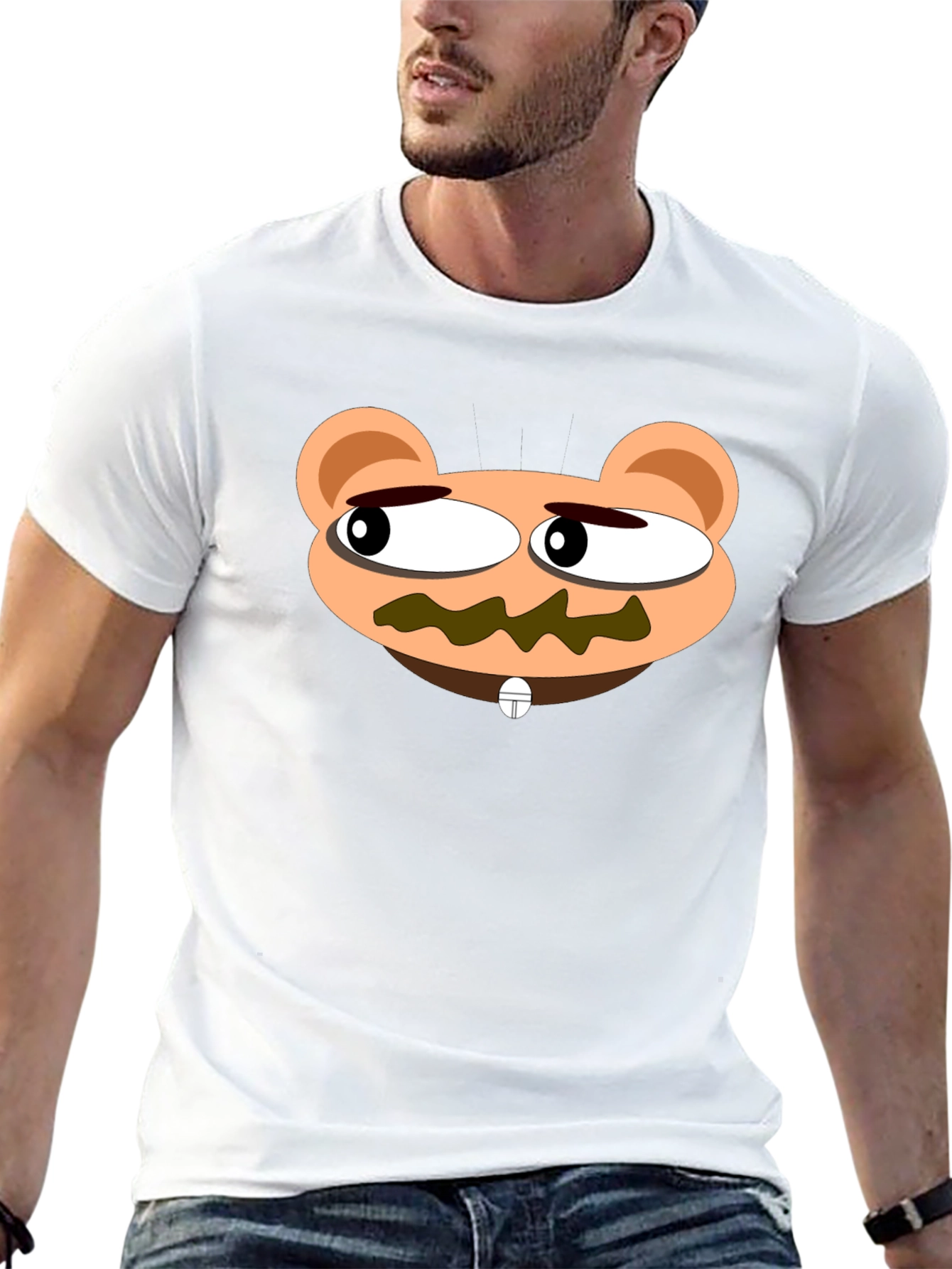 Cartoon Bear Face Black T-Shirt - Unique Design