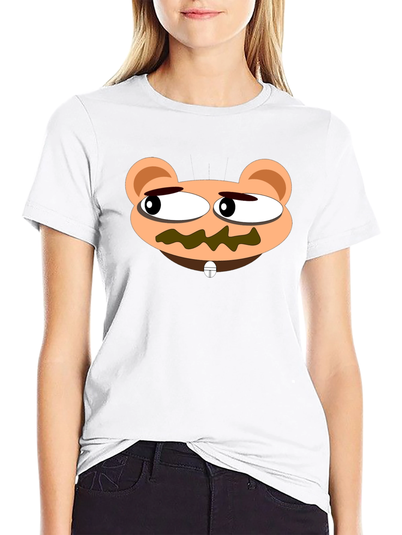 Cartoon Bear Face Black T-Shirt - Unique Design
