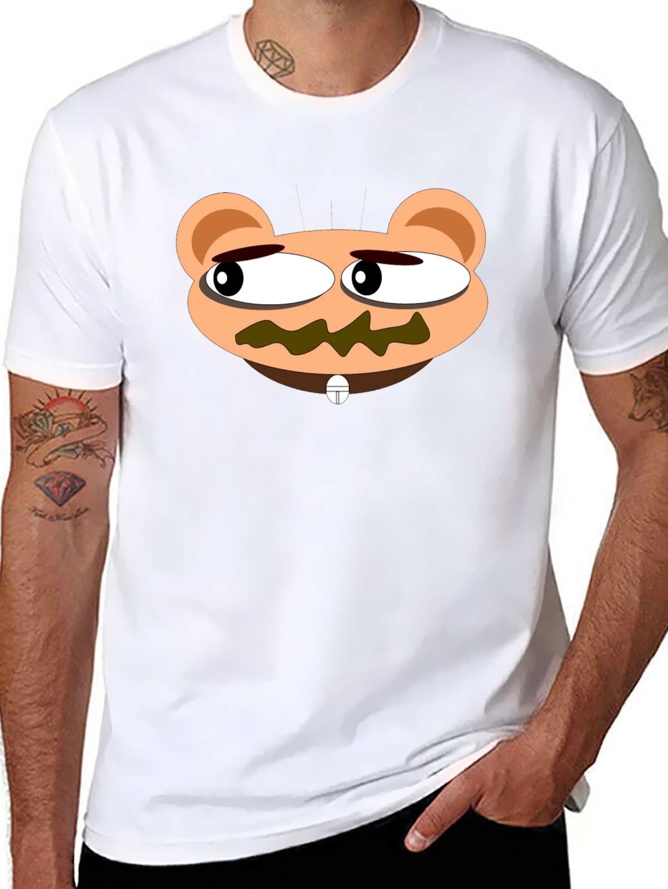 Cartoon Bear Face Black T-Shirt - Unique Design