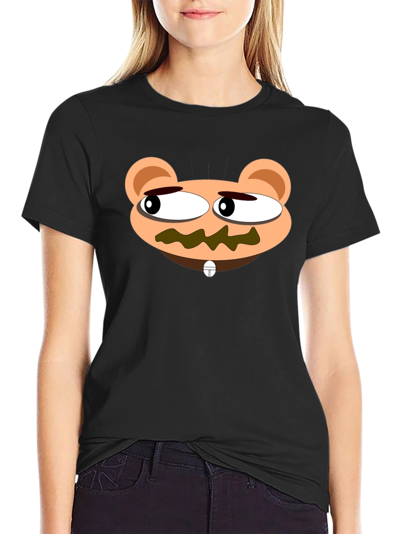 Cartoon Bear Face Black T-Shirt - Unique Design