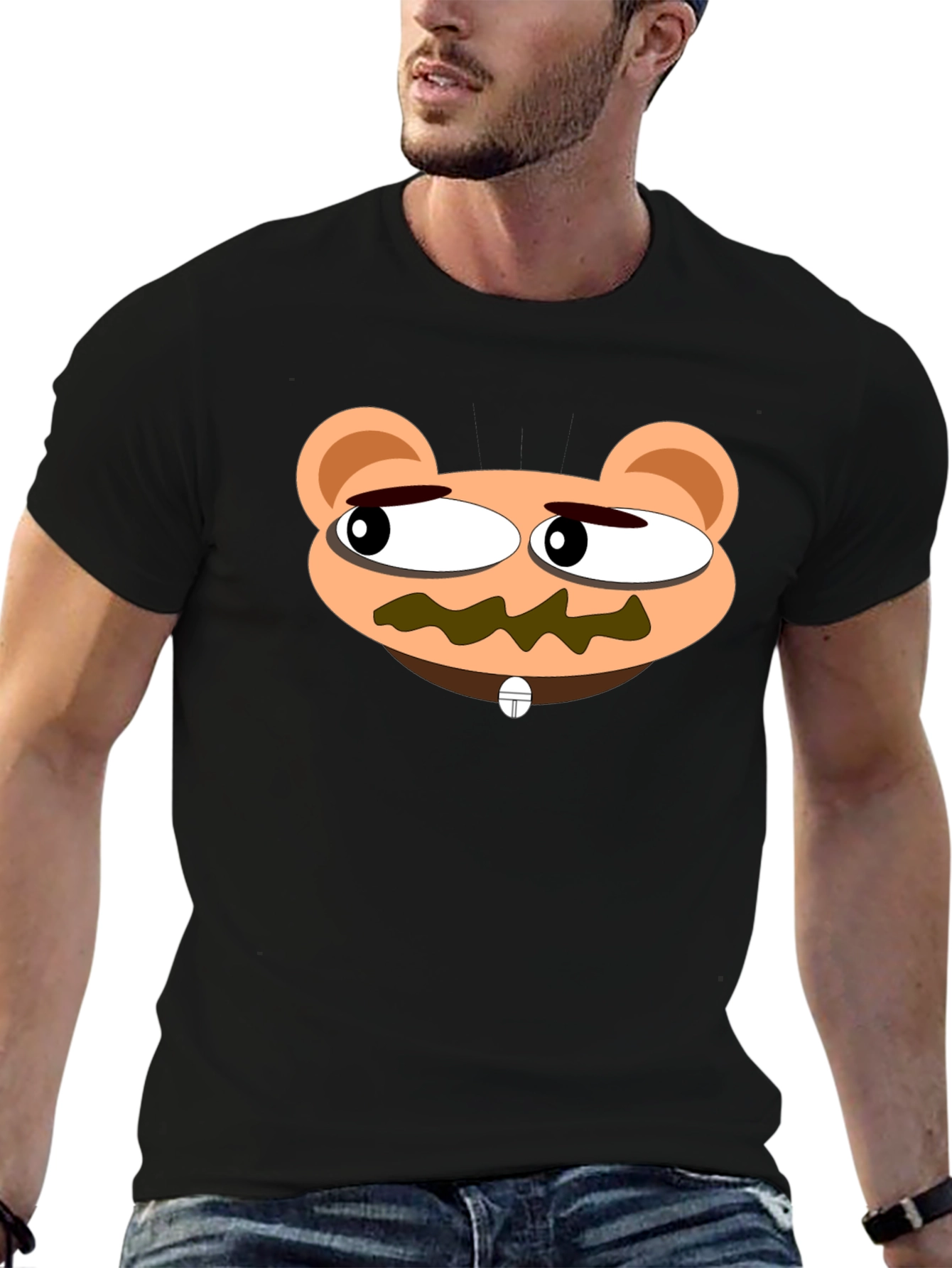 Cartoon Bear Face Black T-Shirt - Unique Design