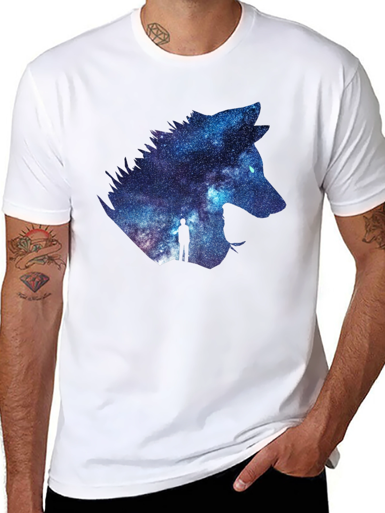 Galaxy Wolf Graphic T-Shirt - Black Crew Neck