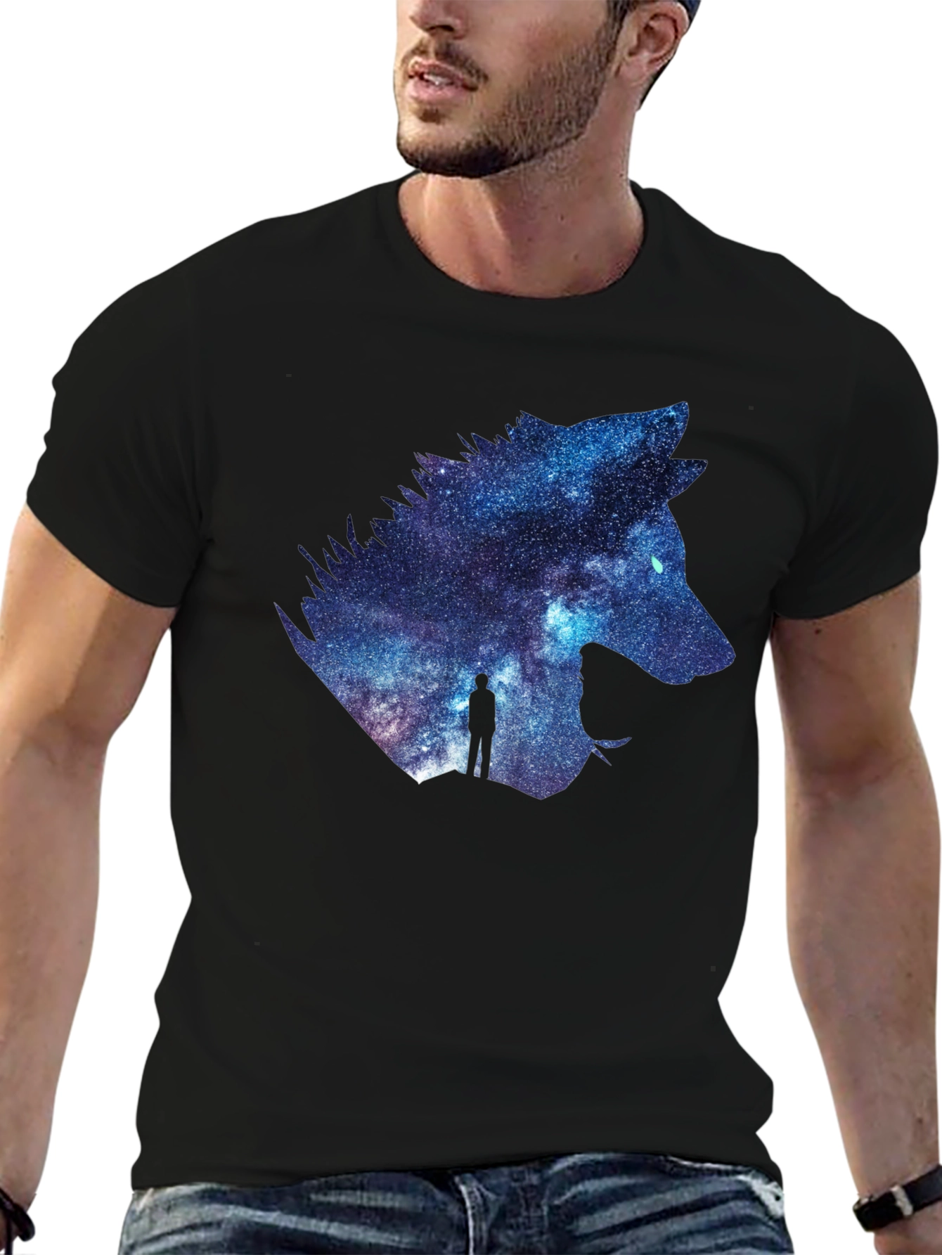 Galaxy Wolf Graphic T-Shirt - Black Crew Neck