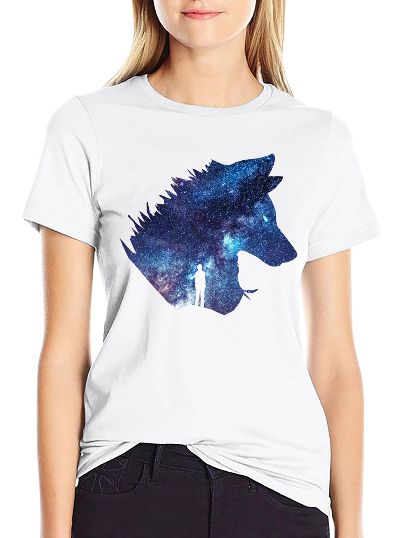 Galaxy Wolf Graphic T-Shirt - Black Crew Neck